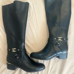 Brand New Liz Claiborne Black Heeled Boots with Gold Accent